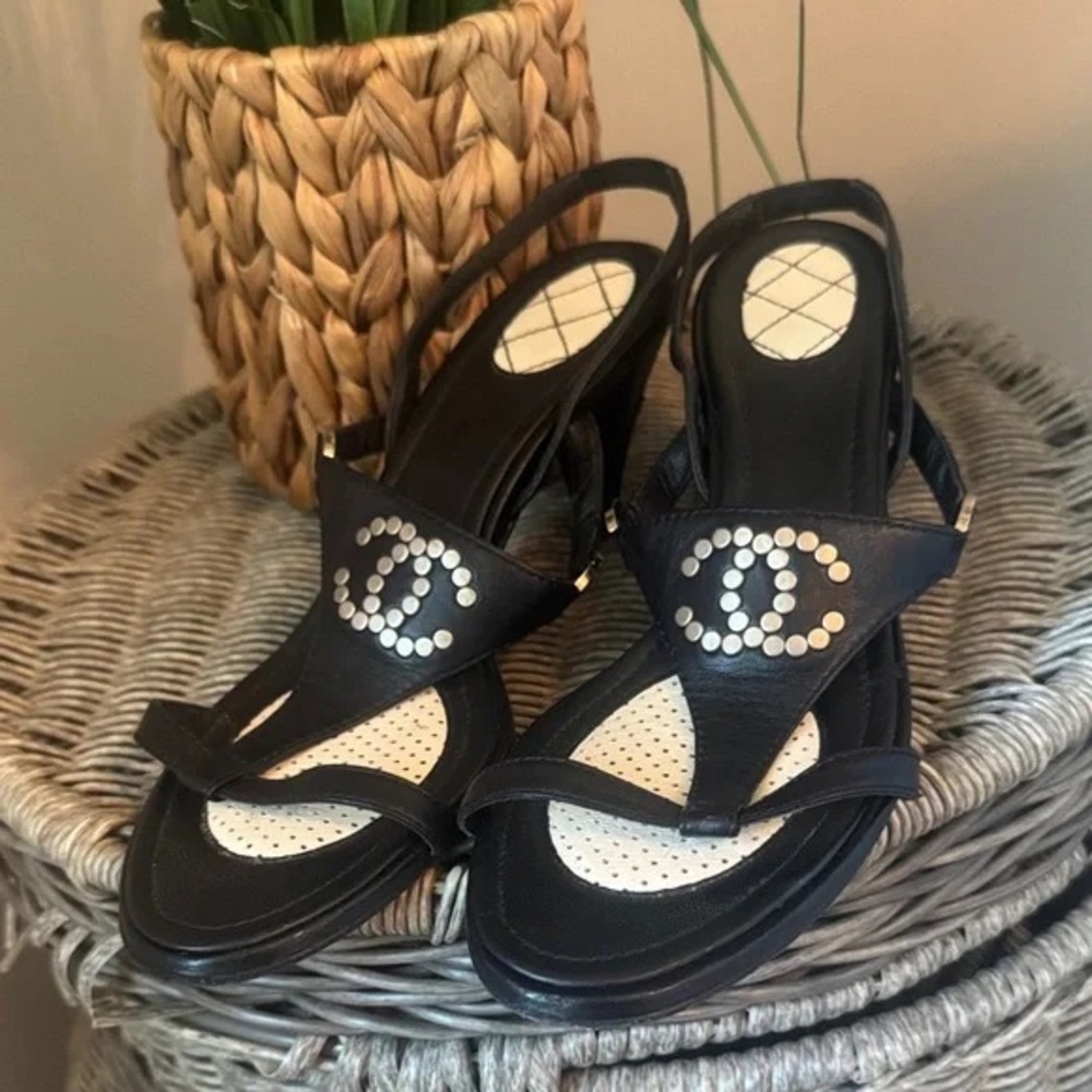 Chanel Vintage Black Leather Studded Slingback Heel Sandals